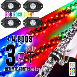 2X 3ft Lighted Spiral LED Whip Antenna withFlag + 4 Pods RGB Rock Lights ATV RZR