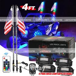 2X 4ft Lighted Spiral LED Whip Antenna withFlag + 4 Pods RGB Rock Lights UTV RZR