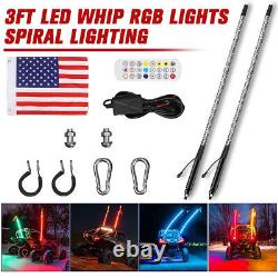 2pcs 3ft RGB Spiral CREE LED Whip Lights Antenna Chase+Flag & Remote ATV UTV