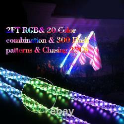2x 2Ft RGB LED Lighted Spiral Whip Antenna + Flag&Remote For ATV Polaris RZR UTV