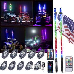 2x 3FT LED Whip Lights Spiral Chase RGB and 10 Rock Lights Bluetooth For UTV ATV