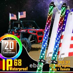 2x 3ft RGB Spiral LED Whip Lights Antenna Chase Flag&Remote for ATV RZR UTV
