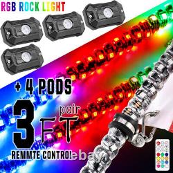 2x 3ft Spiral LED Whip Light Antenna+ 4 Pods RGB Rock Lights For ATV RZR Can-Am
