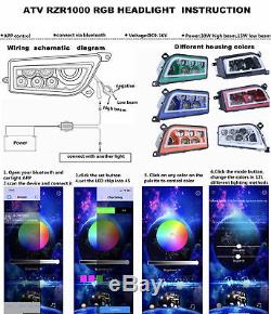 2x Black UTV ATV LED Headlights RGB Halo Angel eye For Polaris RZR XP 4 1000 900