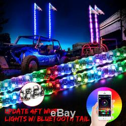 2x Bluetooth 4FT Dream Color RGB LED Whip Light Chasing Brake withFlag For ATV UTV