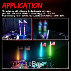 2x Bluetooth 4FT Dream Color RGB LED Whip Light Chasing Brake withFlag For ATV UTV