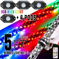 5ft Lighted Spiral RGB LED Whip Lights Antenna UTV + 4 Pods RGB Rock Lights ATV