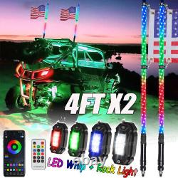 Bluetooth Pair 4ft RGB Spiral LED Whip Lights + Pods RGB Rock Lights ATV UTV RZR