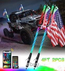 For ATV UTV RZR SxS Pair 4FT RGB LED Light Whip Antenna Chase + US Flag + Remote