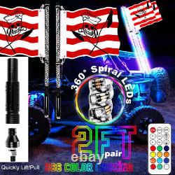 Pair 2ft RGB LED Spiral Whip Light Off Road Remote WithFlag Antenna RZR Can-Am ATV