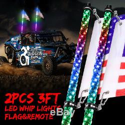 Pair 3ft RGB Spiral CREE LED Whip Lights Antenna Chase + Flag&Remote for ATV UTV